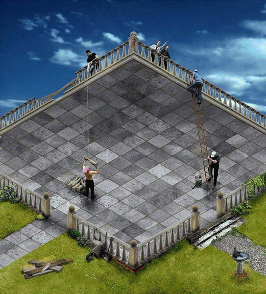 Optical illusion where people are building an impossible balcony