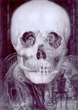 Optical illusion where it looks like a couple is having drinks in a skull