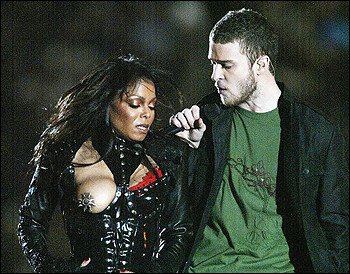 Janet Jackson and Justin Timberlake at the superbowl with Janets breast exposed