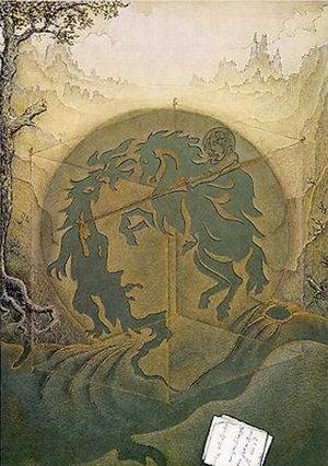 Optical illusion where you can see a dragon fighting a knight in the face of a man in a box
